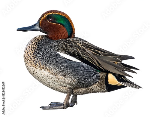 Detailed studio shot of a teal duck in profile against a bright white backdrop