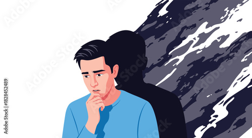 A distressed man caught in a moment of deep thought, shadowed by his anxieties and emotional struggles.