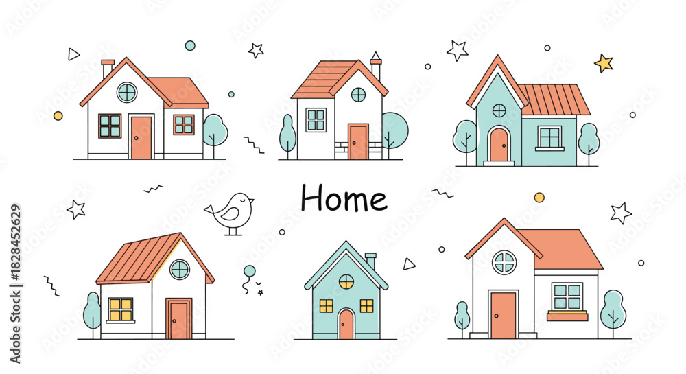 Fototapeta premium A charming set of outlined cartoon houses in a simple, illustrative style with pastel hues and playful decorative elements.