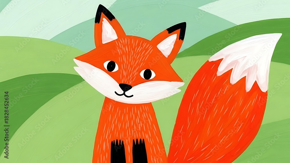 Obraz premium Cute red fox illustration standing in a green hilly landscape