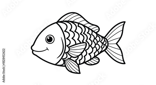 A cute and friendly cartoon fish with a smiling face, scales, and fins, depicted in a clear black and white line art illustration.