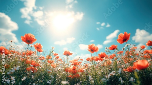 Fototapeta Naklejka Na Ścianę i Meble -  Sunny meadow with vibrant red poppies and white flowers