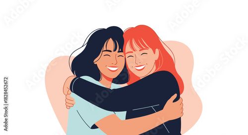 Two happy young women with different hair colors hugging each other, expressing friendship, joy, and a strong bond.