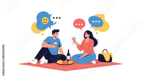 A happy couple enjoys a relaxed picnic date outdoors, sharing drinks and intimate conversation, fostering connection and good vibes.