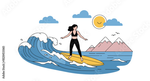 A woman gracefully rides a large ocean wave on her surfboard, enjoying the sunny weather with distant mountains and clouds in the background.