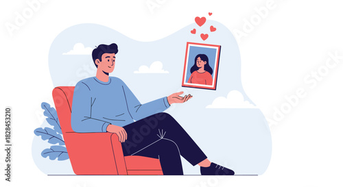 A man sitting on a chair, lost in thought, happily gazing at a floating picture of a woman surrounded by hearts, symbolizing love and romantic memories.