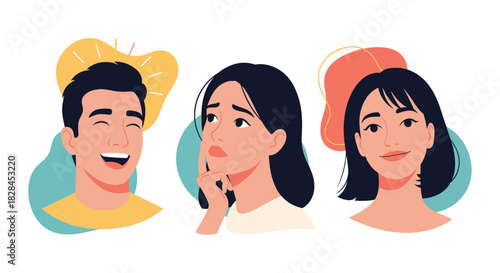 Three diverse illustrated character portraits depicting a range of human emotions, including joy, thoughtful reflection, and peaceful contentment.