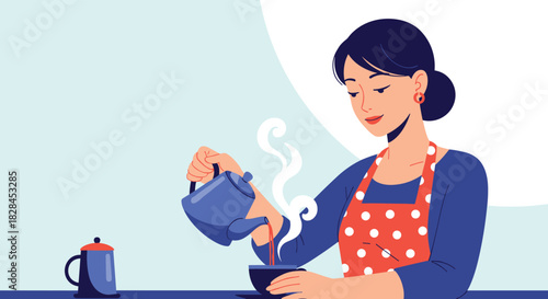 A smiling woman in a red polka-dot apron pours a steaming hot beverage from a blue teapot into a bowl, depicting a comforting domestic scene.