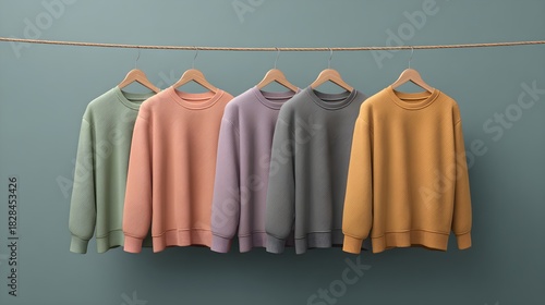 Colorful crewneck sweaters hanging on a line, minimalist fashion display, pastel tones, clothing mockup