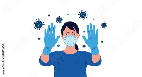Illustration of a woman wearing a face mask and gloves, holding up her hands to stop the spread of viruses or coronavirus particles.
