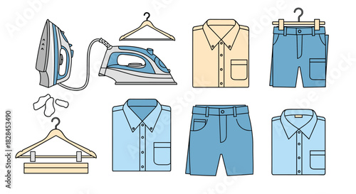 Collection of laundry and ironing icons including steam irons, hangers, folded shirts, shorts, and socks, isolated on a white background.