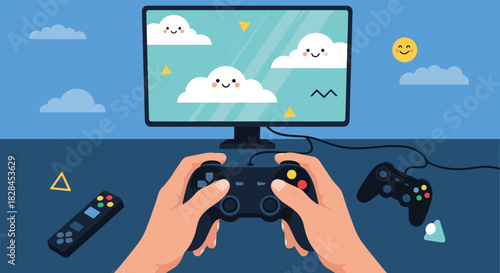 First-person view of hands holding a video game controller while playing a game with cute smiling clouds on a television screen.