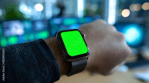 A man wearing a watch with a green screen.