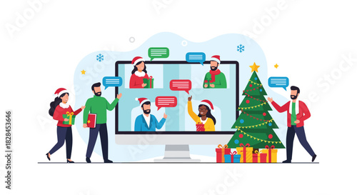 Group of friends or colleagues celebrating Christmas together via a video conference call on a large computer screen with a decorated tree.