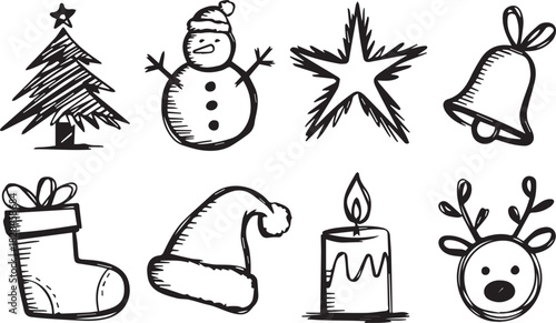 Festive Holiday Elements Collection  Black and White Sketch