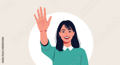 A cheerful young woman with black hair smiling and waving her hand in a friendly greeting gesture, depicted in a simple, modern illustration.