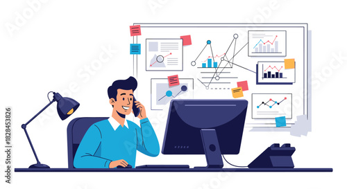 A busy businessman or analyst talks on the phone at his desk while reviewing various charts and graphs on a large data board.