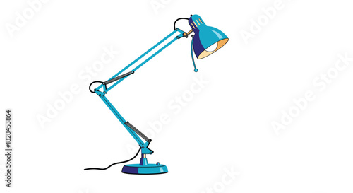 A classic adjustable blue desk lamp with a bright light turned on, isolated on a plain white background for versatile use.