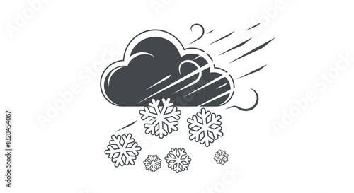Stylized weather illustration featuring a dark cloud with wind and falling snowflakes