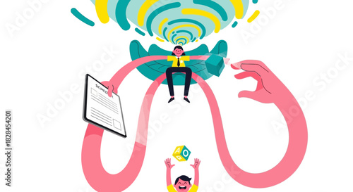Creative Mentorship and Business Planning Flow. Abstract Illustration of Leader Generating Ideas, Managing Schedule, and Empowering Growth.