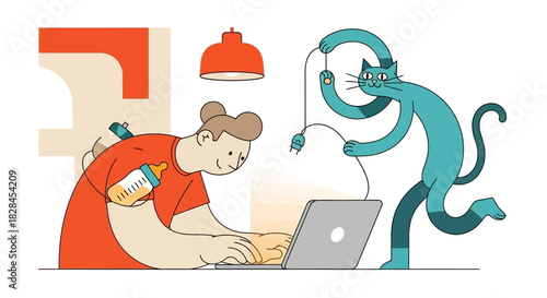 Work From Home Parent Multitasking on Laptop with Cat Distraction. Modern Flat Illustration of Work-Life Balance Challenges.