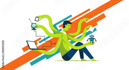 Multitasking Digital Expert Handling AI, Development, and Technology Devices in a Modern Concept Illustration