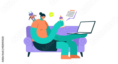 Modern Working Mother Balancing Parenting and Remote Work Using AI and Automation Technology