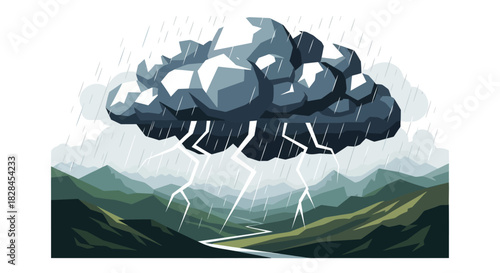 Stylized stormy mountain landscape with lightning and rain graphic weather illustration
