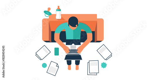 High-Angle Flat Illustration of Parent Working from Home on Laptop, Juggling Career and Childcare Duties (Work-Life Balance Concept)