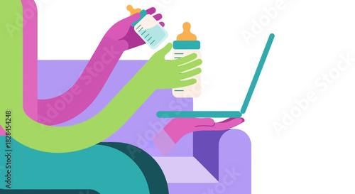 Balancing Parenthood and Digital Work: Modern Abstract Illustration of Multitasking Hands Holding Baby Bottle and Laptop