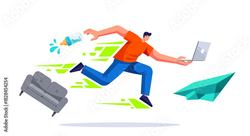 Hyper-Productivity and Work-Life Balance: Man Rushing, Juggling Laptop, Baby Bottle, and Home Life Responsibilities in a Busy, Fast-Paced Modern World.