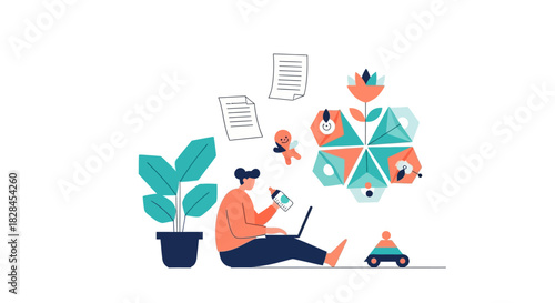 Work-Life Balance Illustration: Remote Working Mother Multitasking with Laptop, Baby Bottle, and Childcare Duties