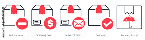 A set of 5 business icons as reduce item, shipping cost, delivery email