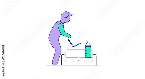 Work-Life Balance Illustration: Father Working Remotely While Multitasking Childcare Duties (Laptop and Baby Bottle)