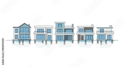 Stylized shoreline properties showcasing unique architectural designs and waterfront construction
