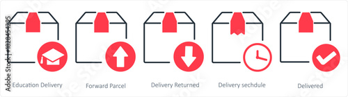 A set of 5 business icons as education delivery, forward parcel, delivery returned
