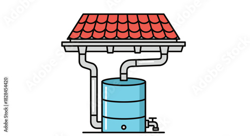 Sustainable water harvesting illustration with red roof and blue container setup