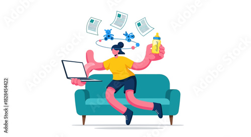 Working Mother Juggling Remote Work and Childcare Responsibilities: The Stress and Pressure of Multitasking for Work-Life Balance at Home