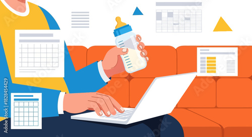 Working Father Multitasking: Remote Job, Laptop, and Baby Bottle Illustrating Work-Life Balance and WFH Challenges