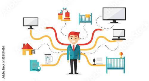 Work-Life Balance Diagram: Modern Businessman Juggling Professional Duties, Family, and Home Responsibilities via Digital Connectivity