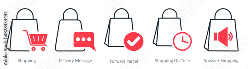 A set of 5 business icons as shopping, delivery message, forward parcel