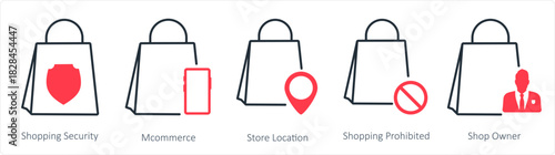 A set of 5 business icons as shopping security, mcommerce, store location
