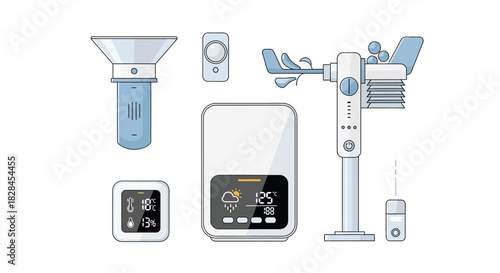 Stylized vector illustration presenting a complete weather station set up showcasing multiple