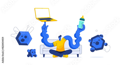 Modern Father Juggling Work and Parenthood Responsibilities at Home. Remote Work-Life Balance Illustration.