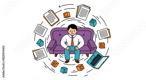 Calm Businessman Managing Multitasking Chaos and Information Overload While Working Efficiently
