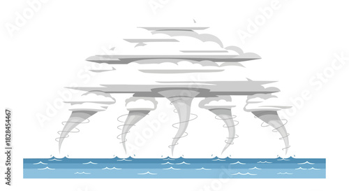 Waterspouts dancing on the ocean beneath a cloud-covered sky evoking a sense of awe and the raw