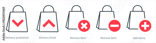 A set of 5 business icons as delivery prohibited, delivery email, remove item