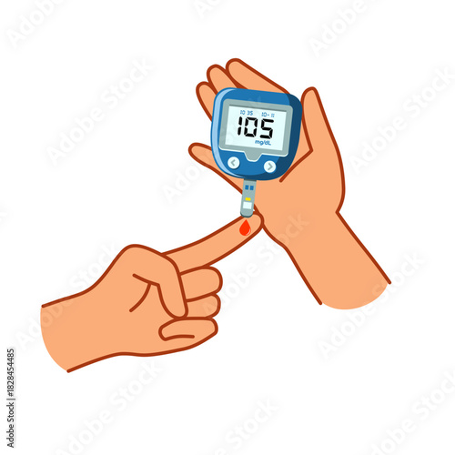 Hand using glucose meter for finger prick blood sugar test illustration