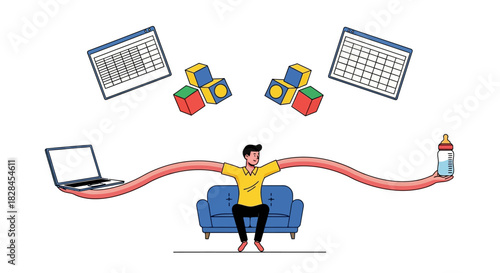 Juggling Work-Life Balance: Man Stretched Between Remote Job Duties, Financial Data, and Childcare Tasks