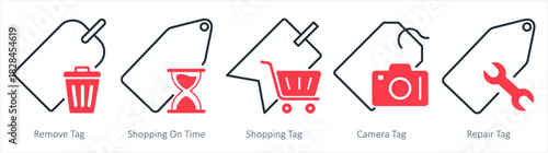 A set of 5 business icons as remove tag, shopping on time, shopping tag